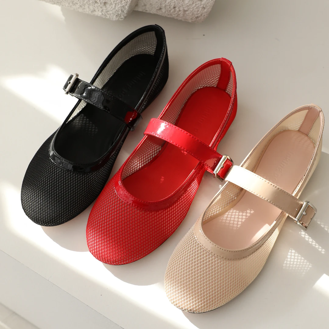 法式小圆头网纱镂空一字带玛丽珍鞋舒适平底单鞋女时尚浅口软底