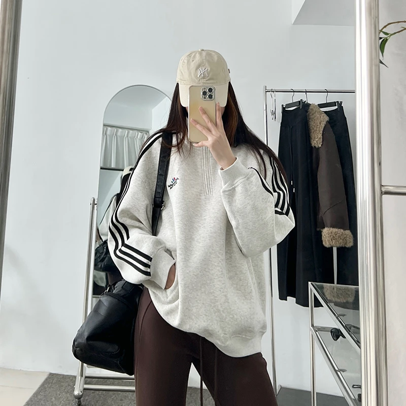 早春美式polo领卫衣女2025简约宽松舒适外套百搭重磅中长款上衣