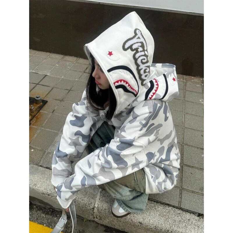 鲨鱼头双帽设计开衫卫衣男款春秋季美式cleanfit白灰迷彩情侣外套