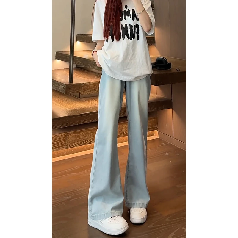 冰蓝色冰丝牛仔裤男款夏季潮牌美式宽松做旧休闲裤情侣直筒微喇裤