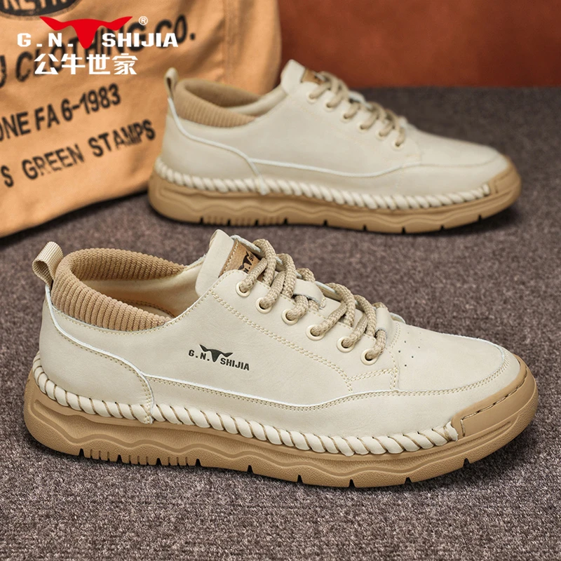 公牛世家男鞋春季手工复古时尚低帮运动板鞋百搭商务休闲皮鞋男士