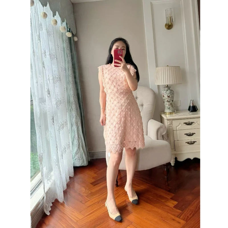 【若衣】薄纱立体玫瑰花无袖圆领雪纺连衣裙250298