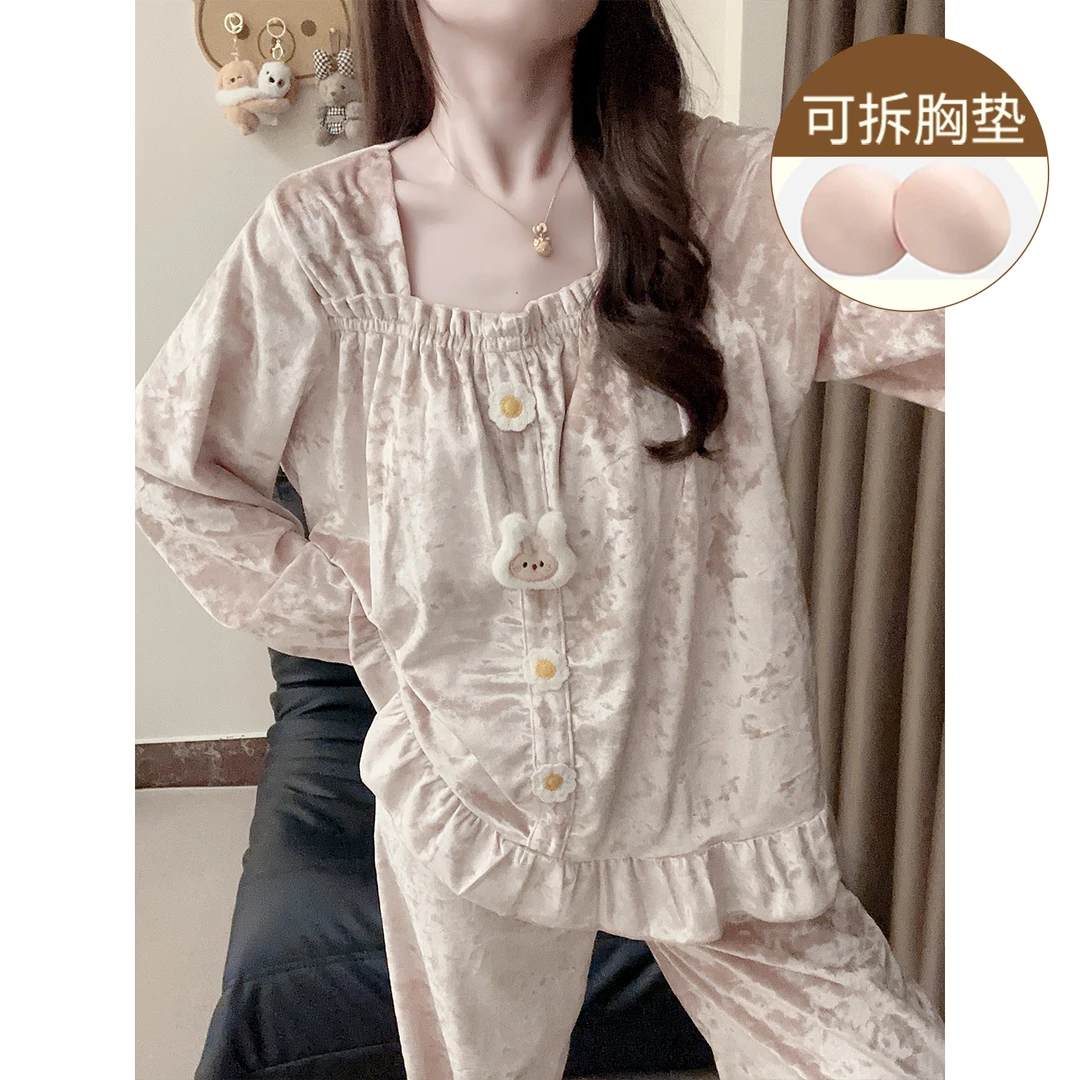 金丝绒睡衣秋冬季女士带胸垫长袖保暖薄绒套装甜美公主风家居服