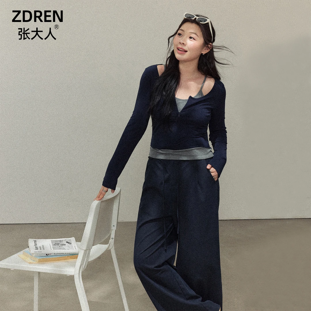 张大人【甜欲玩家】大码女装微胖妹妹藏青假两件收褶衫休闲裤套装