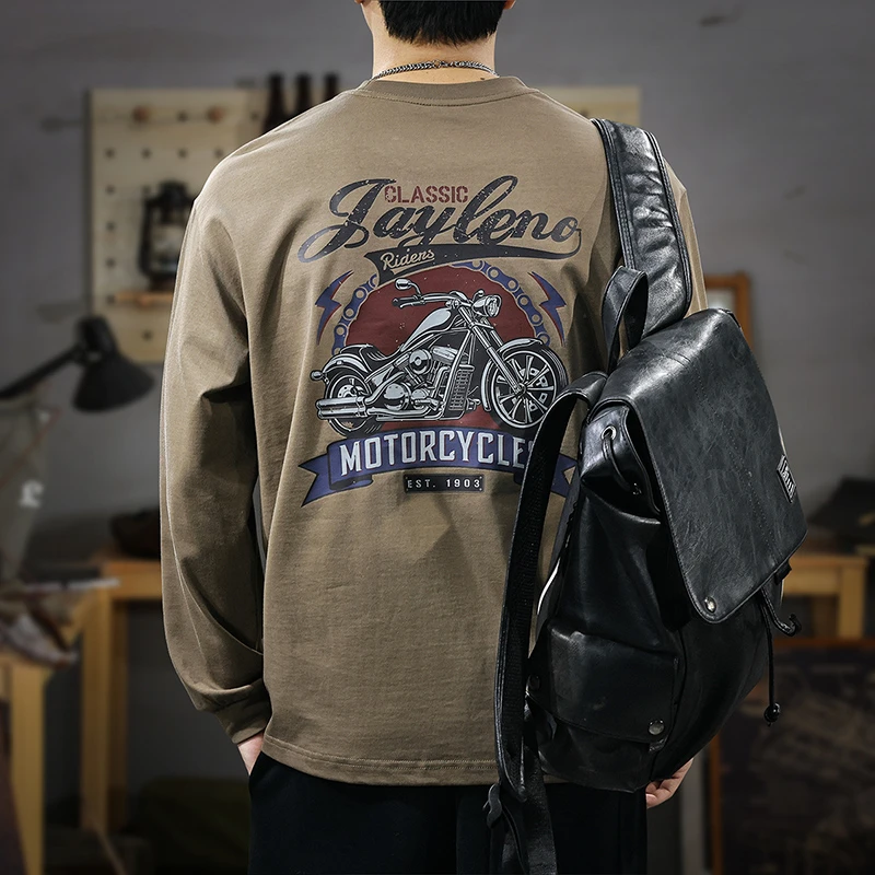 U&PURA305g重磅纯棉印花圆领长袖T恤男秋季新款潮牌宽松大码套头