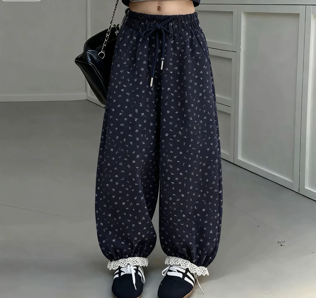 男女童秋冬季加绒加厚小碎花版松腰中大童休闲束脚高级感韩版长裤