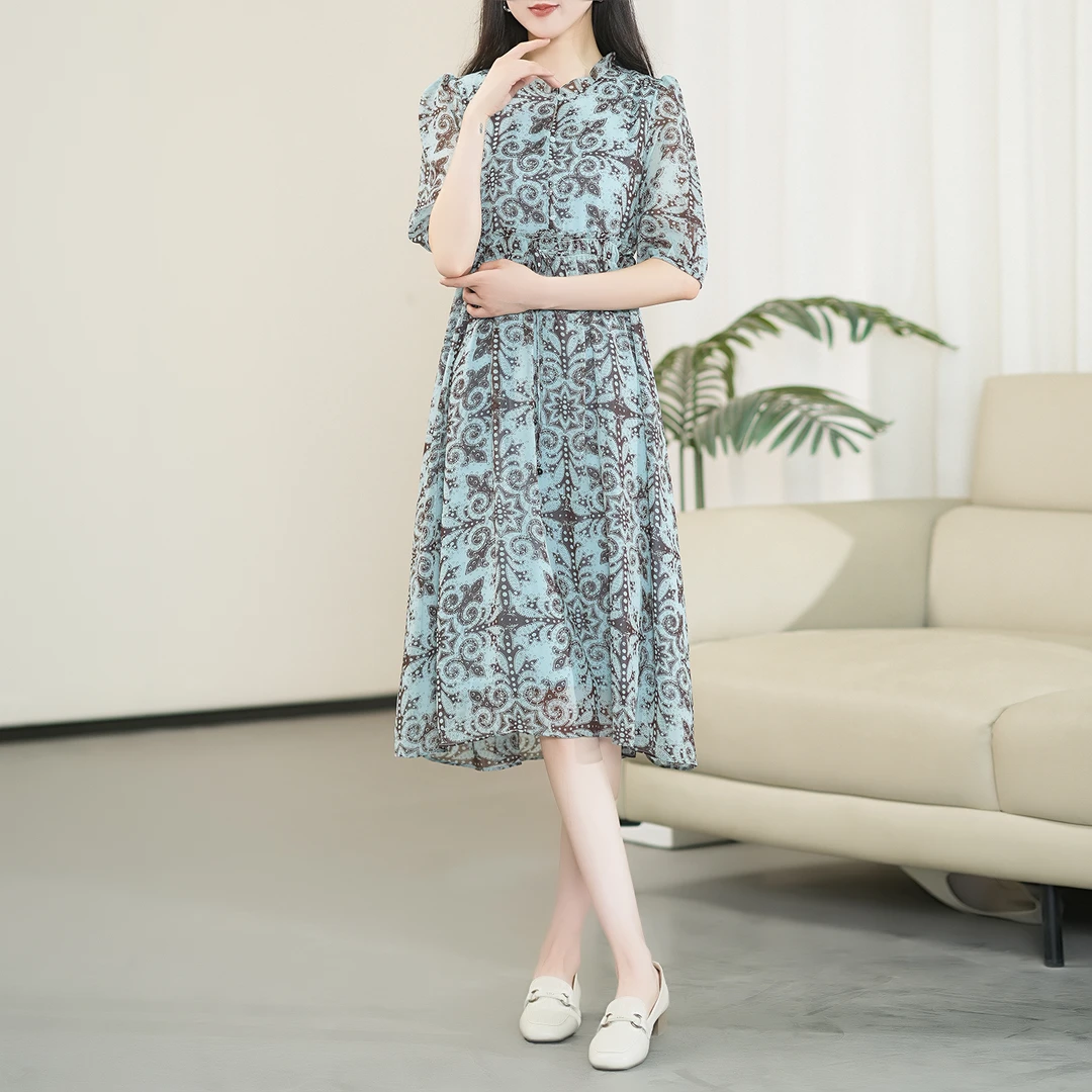 运费补贴（维多利亚）2025年蚕丝扎染印花高腰显高显瘦气质连衣裙