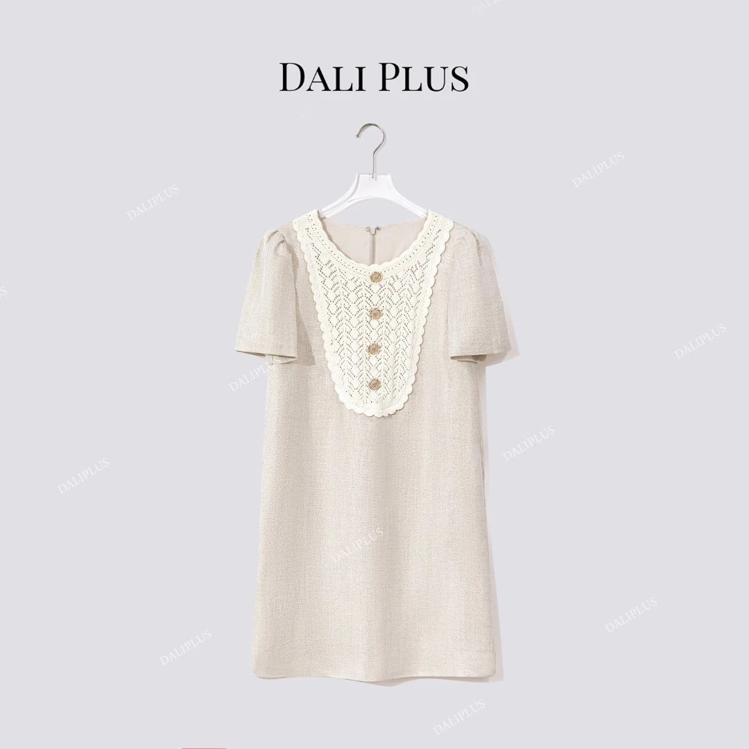 DALI PLUS“桑蚕丝蕾丝钩花”30亚麻60天丝千金休闲连衣裙-D5CH4474