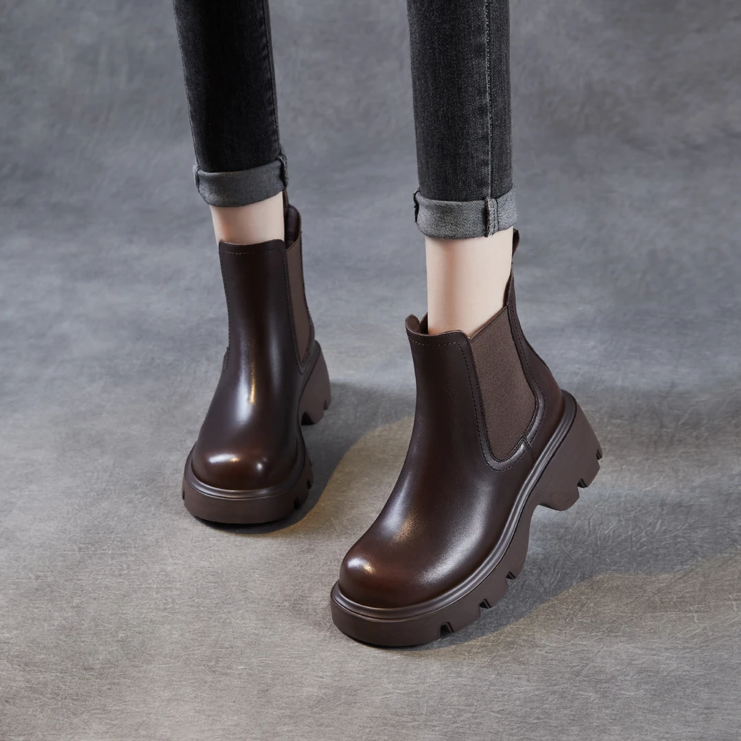 【千诗定制】头层牛皮新款切尔西靴女秋冬烟筒短靴真皮复古瘦瘦靴女
