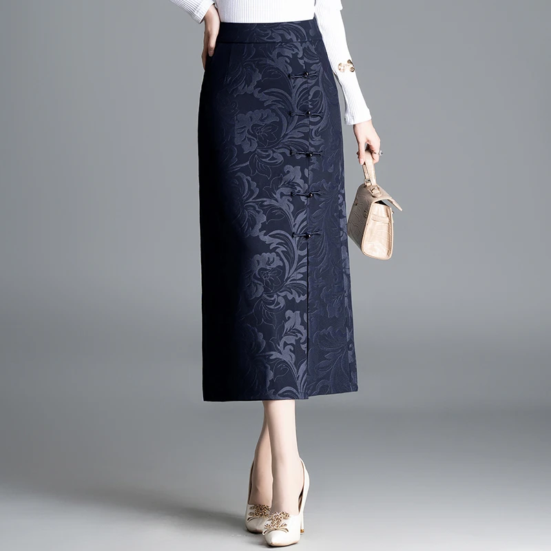 国风盘扣包臀裙女2025秋季新款高腰修身半身裙中长款开叉一步裙子