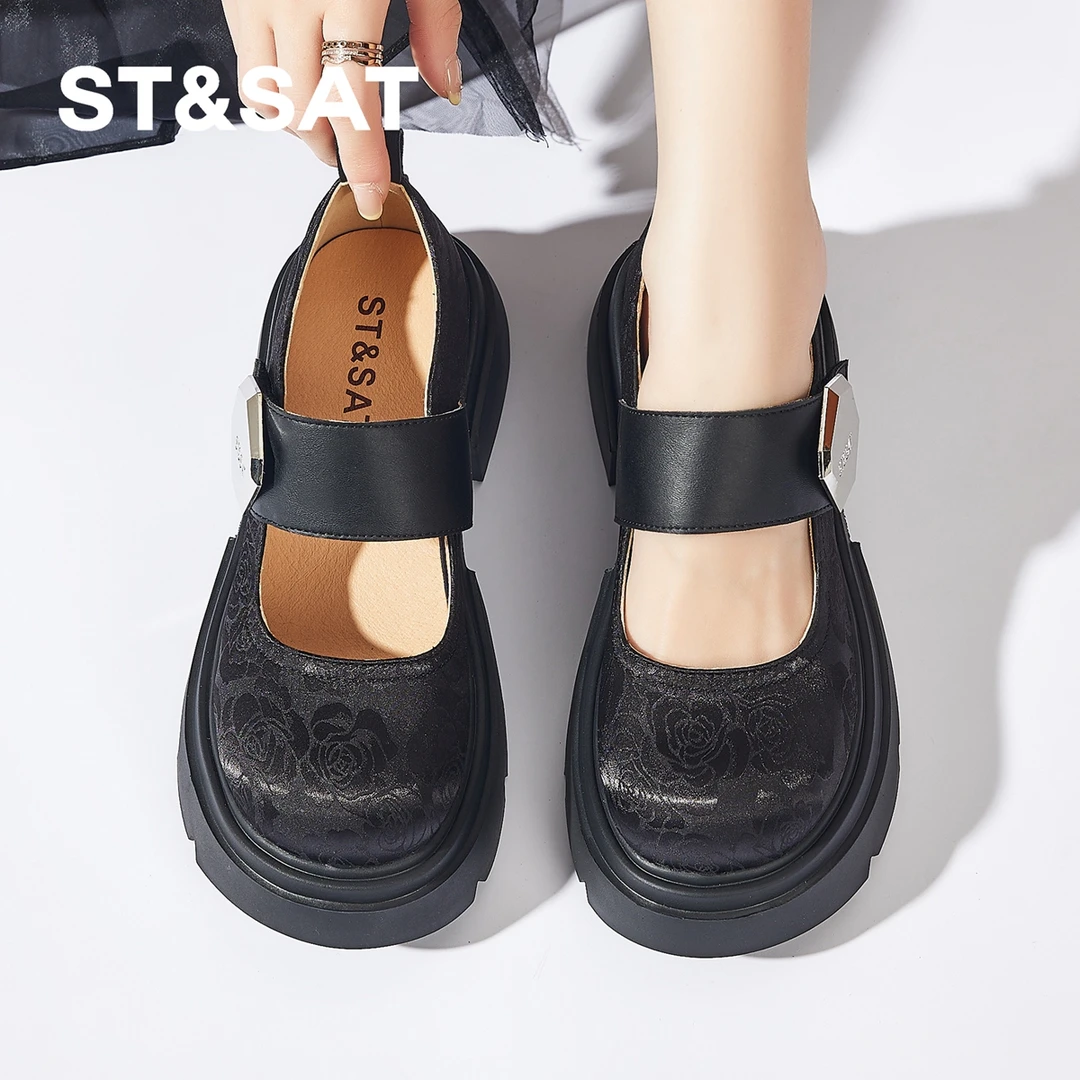 星期六真皮国风玛丽珍鞋女鞋夏季增高显脚小乐福鞋圆头一字带单鞋