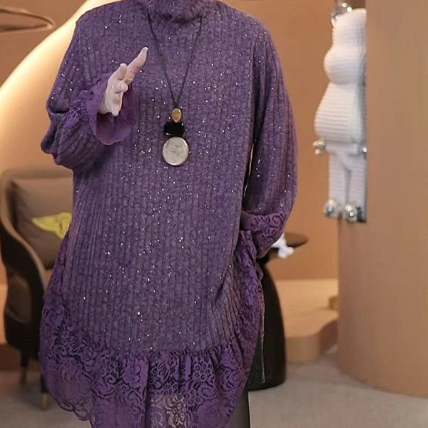 2025秋冬款韩版重磅气质高领长袖T恤女宽松显瘦蕾丝拼接打底衫ins