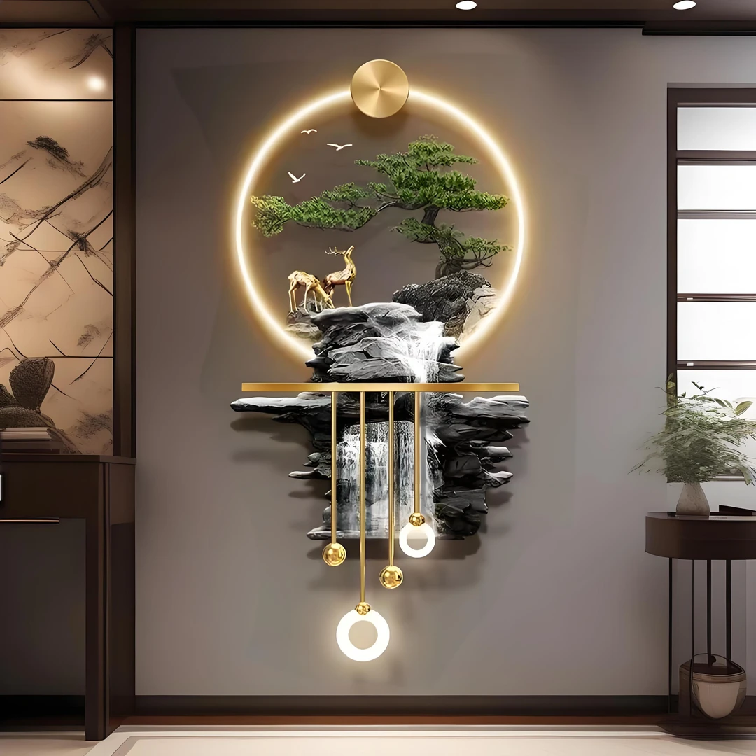 轻奢流水生财2025墙壁画立体高档发光玄关装饰画客厅背景墙挂画