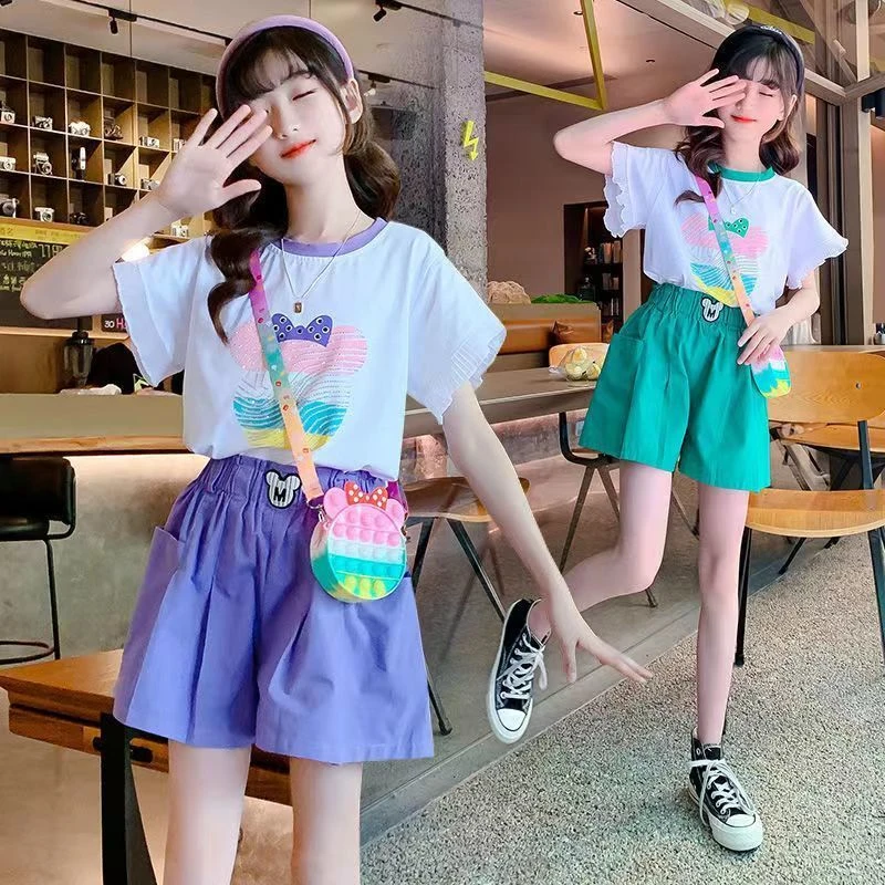 童泰【断码】女童夏装新款套装洋气中大童儿童装网红短袖短裤夏