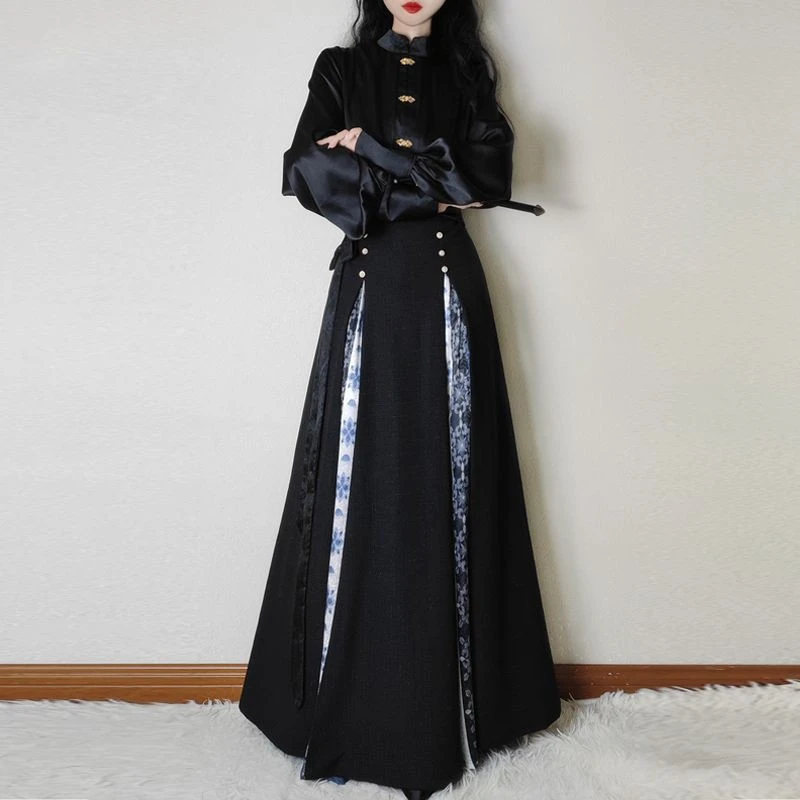 复古女侠风马面裙黑色秋冬婚服红色齐腰古风上衣襦裙唐柒唐制汉服