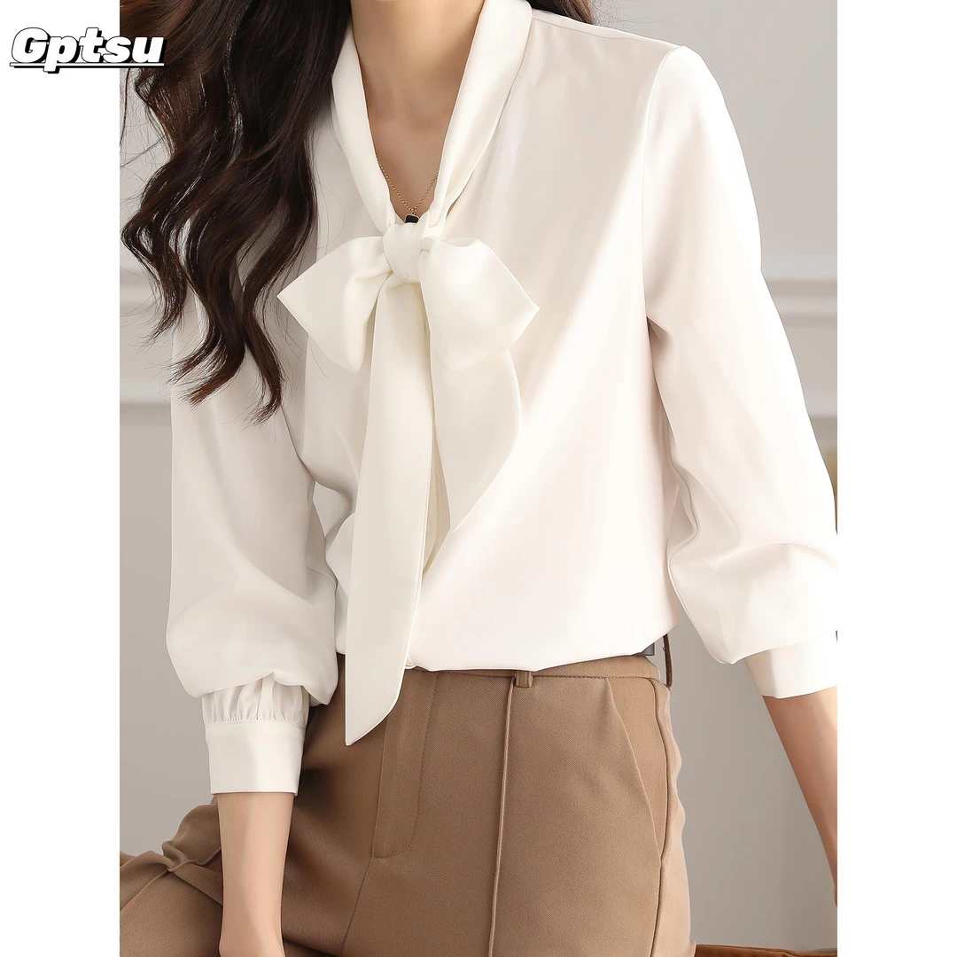 GPTSu白色缎面雪纺衬衫秋季新款设计感职业装蝴蝶结长袖打底上衣