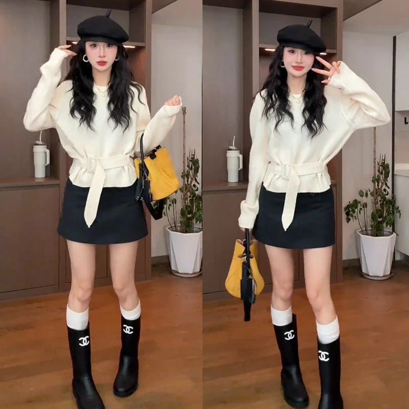 秋冬搭配一整套女装2025新款韩版收腰针织衫毛衣时尚短裙两件套