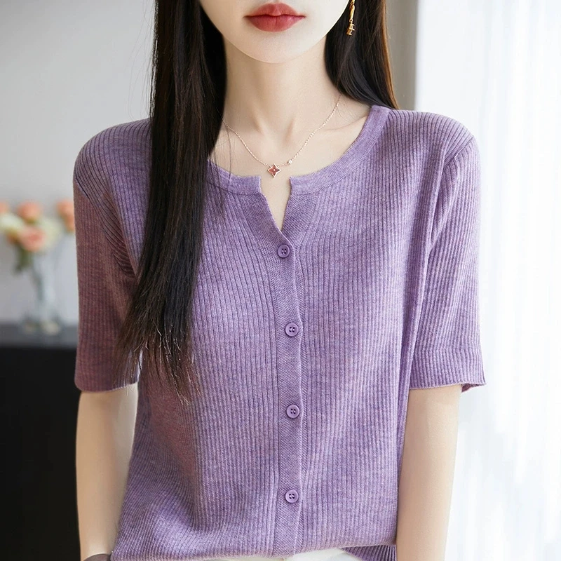 14支精纺羊毛针织开衫短袖薄款宽松显瘦百搭短款夏季小衫上衣31