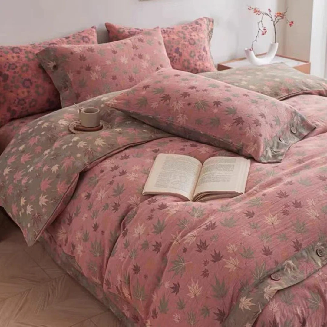 亲肤棉双层纱四件套--彩色枫叶（纽扣）高质量高级感新款正品高颜值