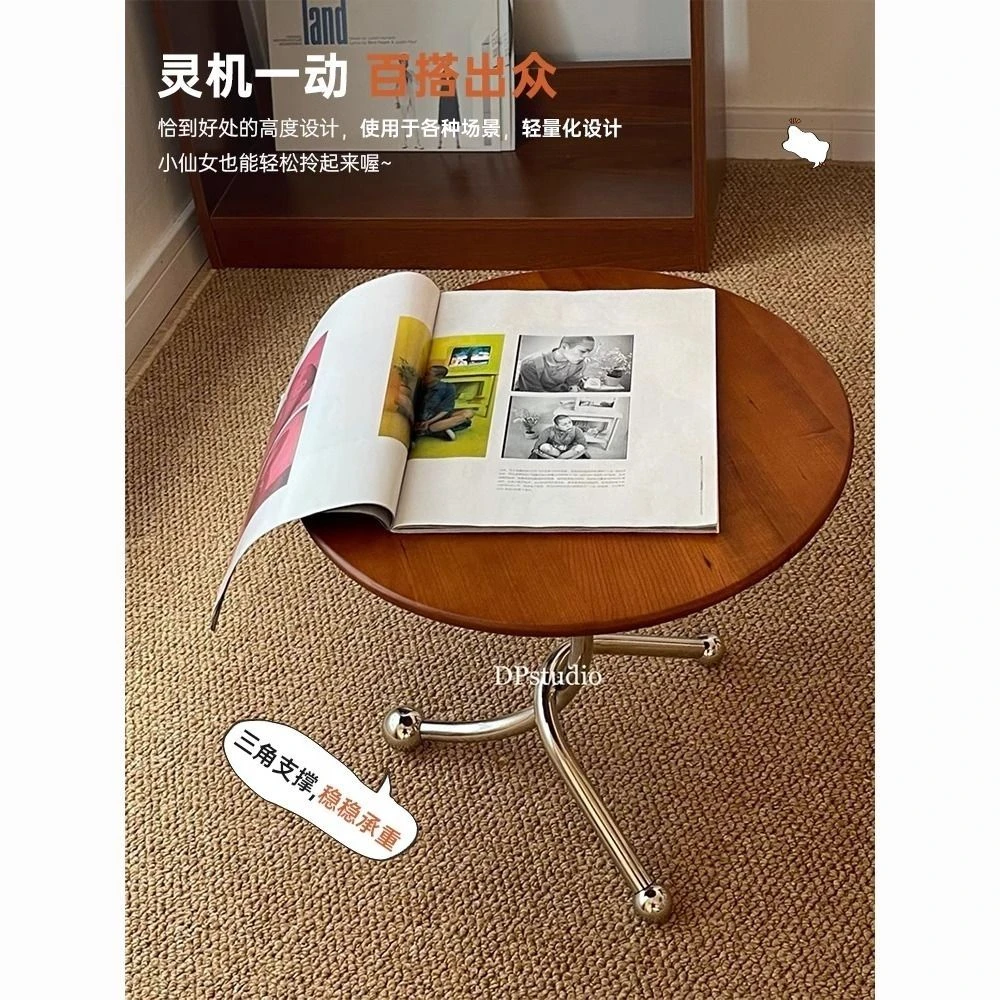 中古床头不锈钢边几樱桃木网红茶几创意圆形角几客厅家用高档边几