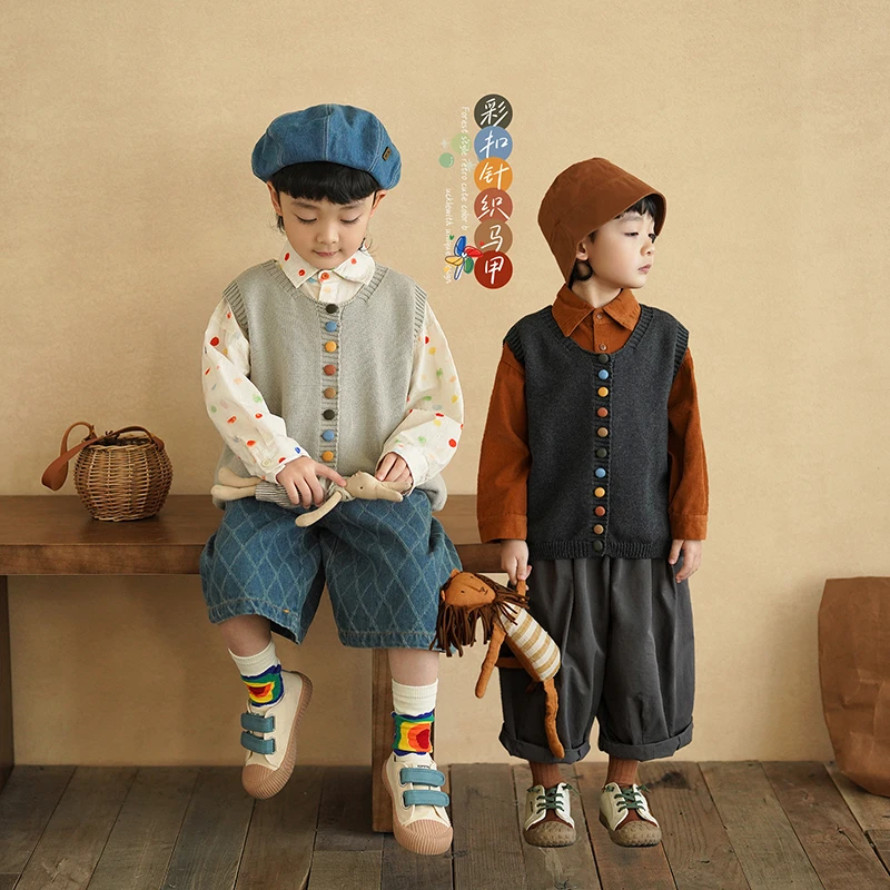 砚台家男童彩扣开衫背心2025春季新款儿童针织坎肩马甲 AMQ-25B17