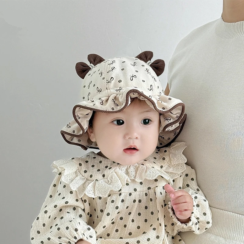 婴儿帽子秋冬款渔夫帽公主洋气小宝宝遮阳帽女宝蕾丝花边新款女童