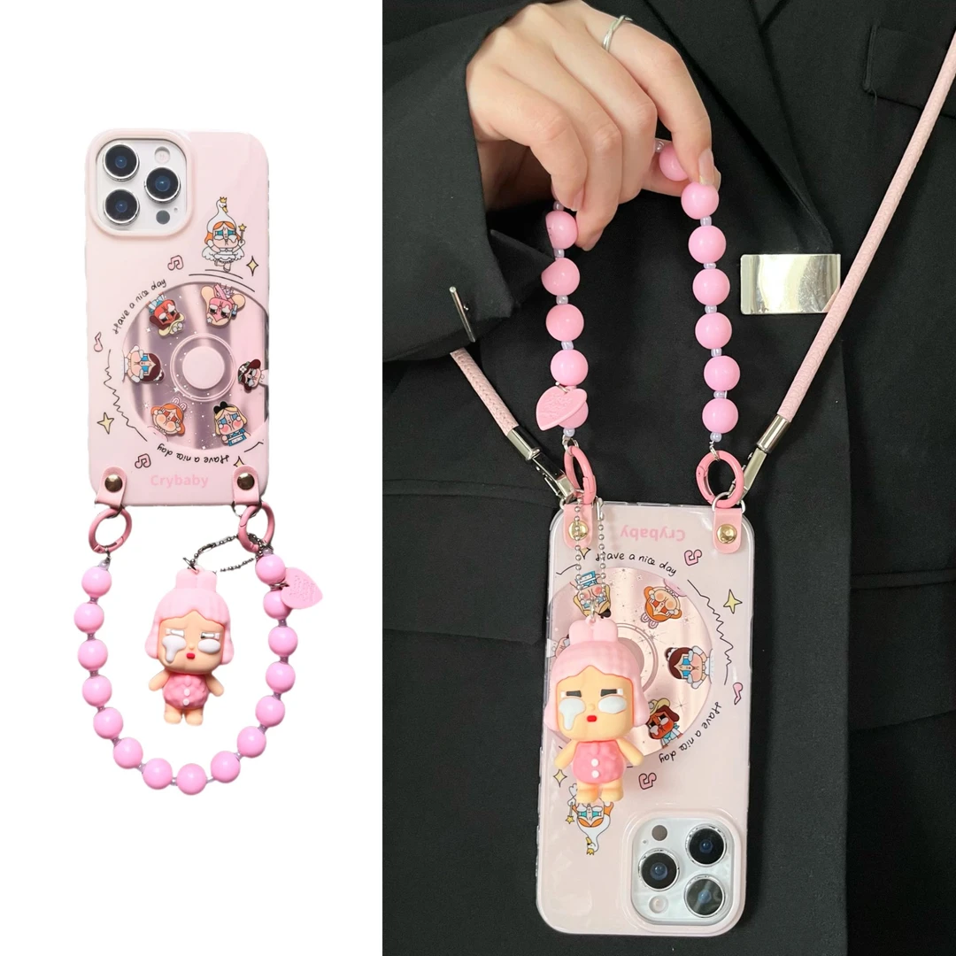 趣味粉色镭射唱片哭娃手链适用iPhone16pro手机壳苹果15pro新14女