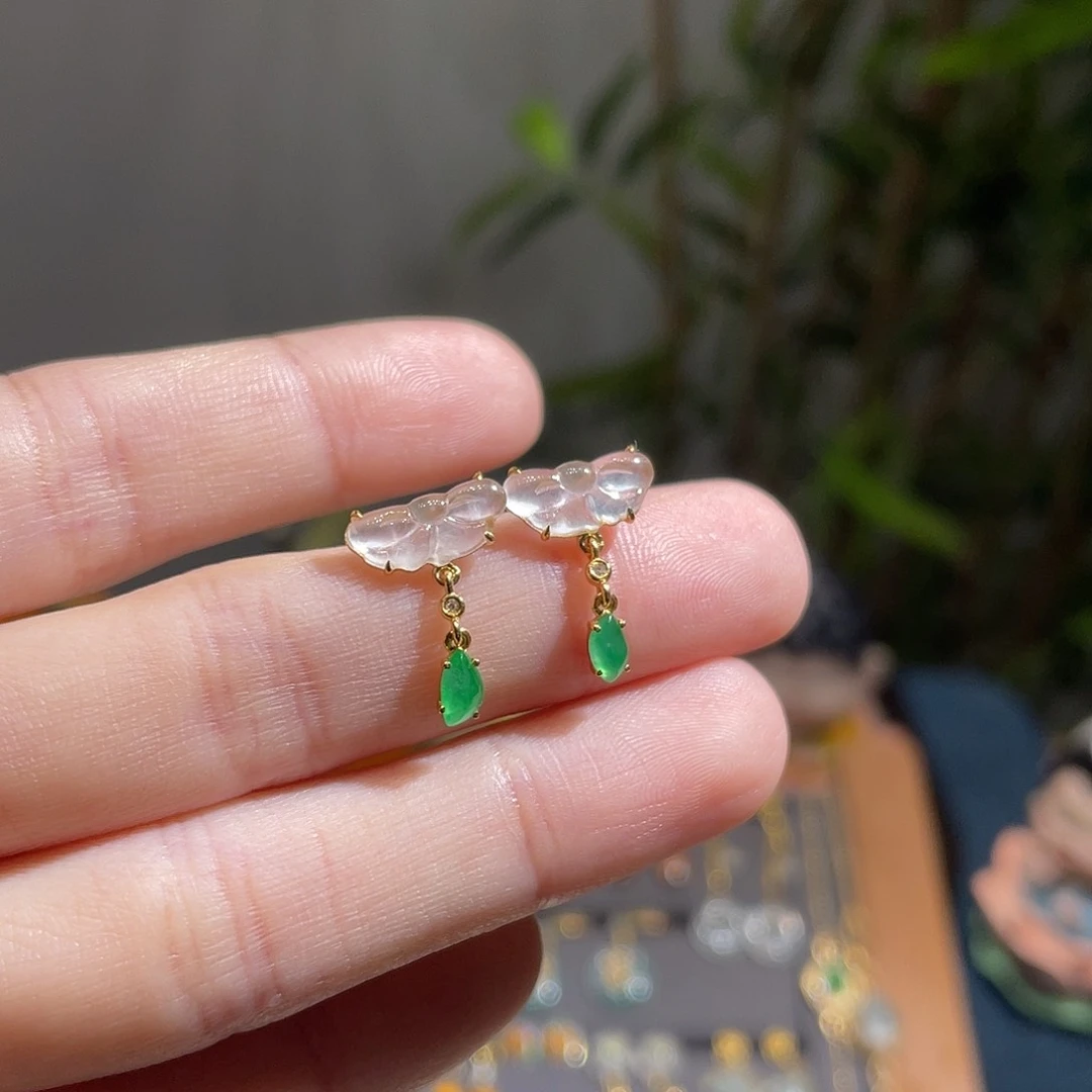 翡翠耳饰18K金镶嵌玻璃种蝴蝶结