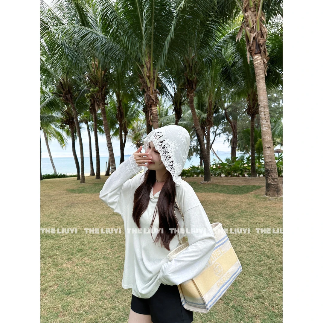 【LIUYI】梨花白~宽松连帽拼接蕾丝长袖T恤510111