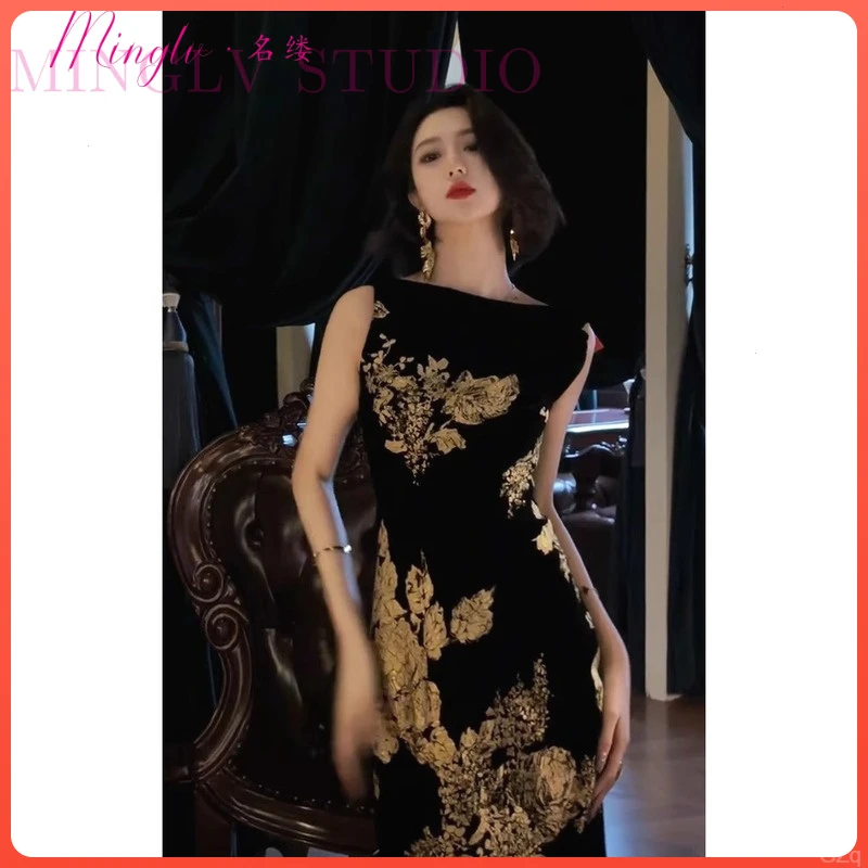 长裙大方夏季无袖连衣裙本搭高冷姐女赫百漂亮得体减印花龄御黑色