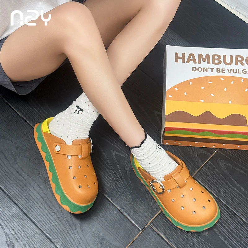 汉堡洞洞鞋女夏季搞怪卡通外穿厚底防滑透气柔软舒适踩屎感凉拖鞋