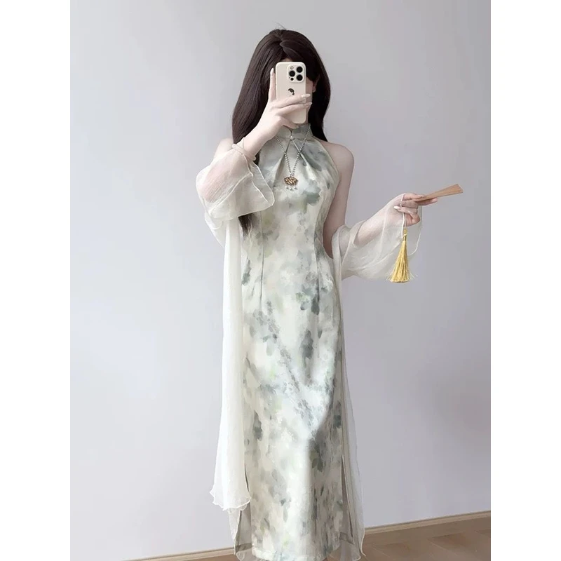 挂脖旗袍夏季2025年新款长款露肩清冷细腰修身气质新中式连衣裙