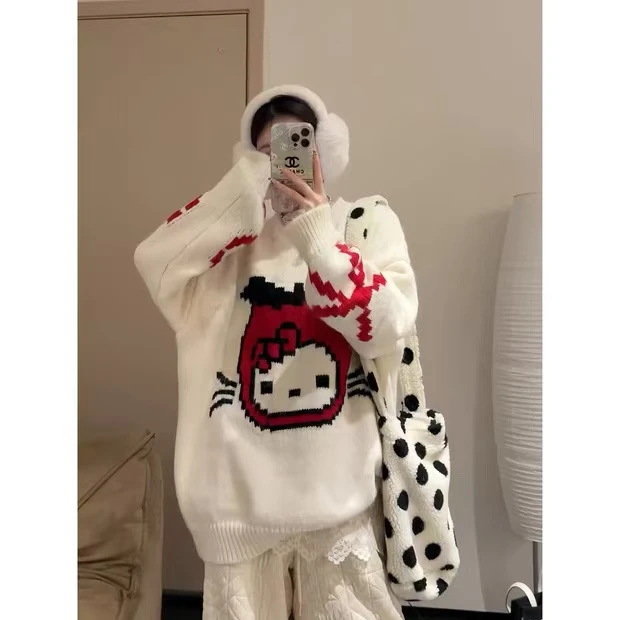 女大童慵懒风卡通提花毛衣少女秋冬季韩版初高中学生洋气针织衫