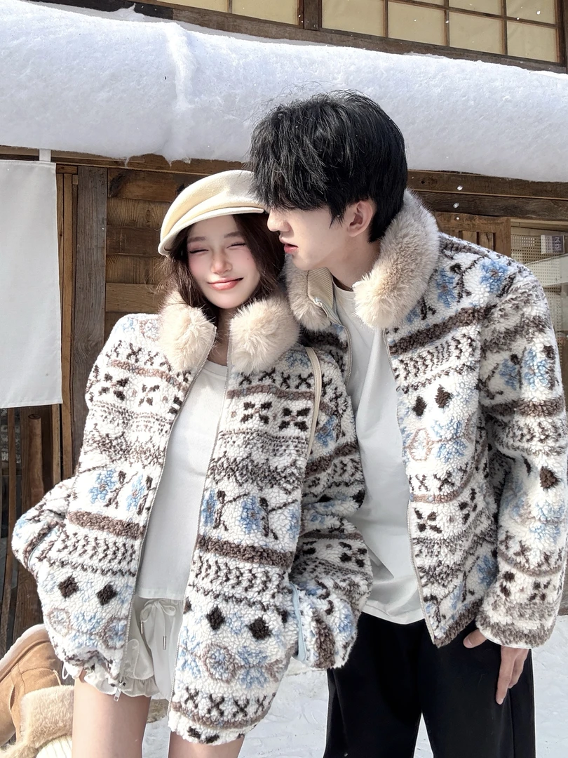情侣装秋冬季费尔岛风羊羔毛外套毛领长袖毛领保暖外套潮