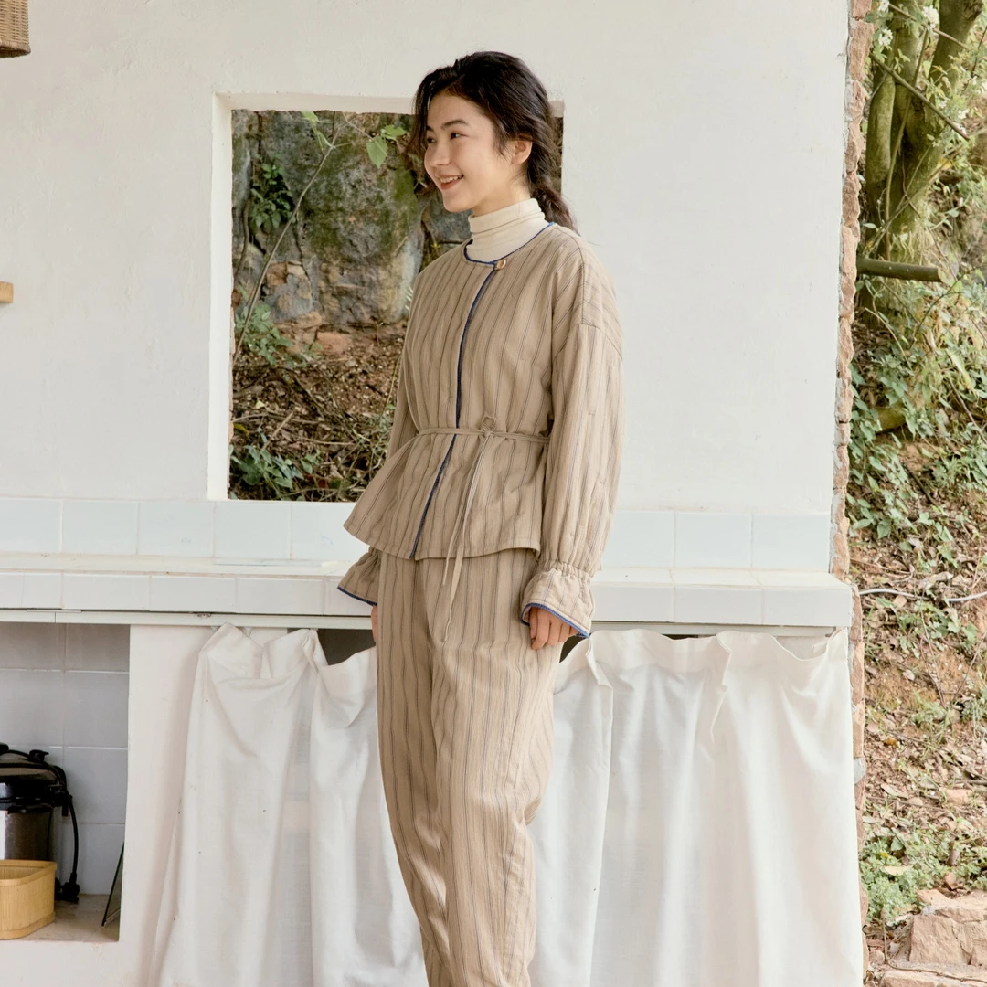 朵朵可可睡衣女2025秋冬里外全棉条纹显瘦中厚夹棉家居服套装021