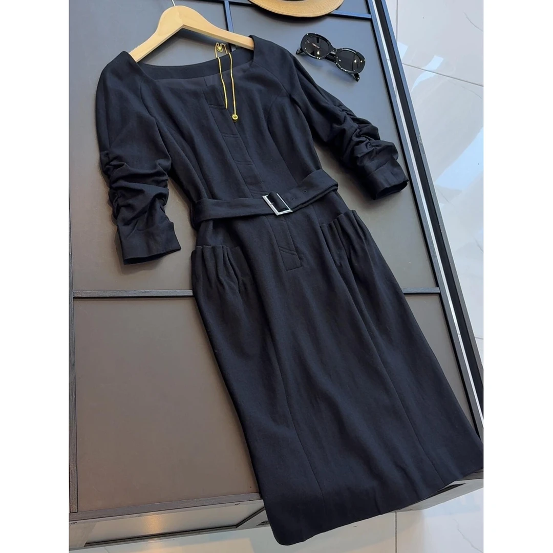 羊毛84.7 韩版收腰七分褶皱袖修身显瘦气质通勤连衣裙