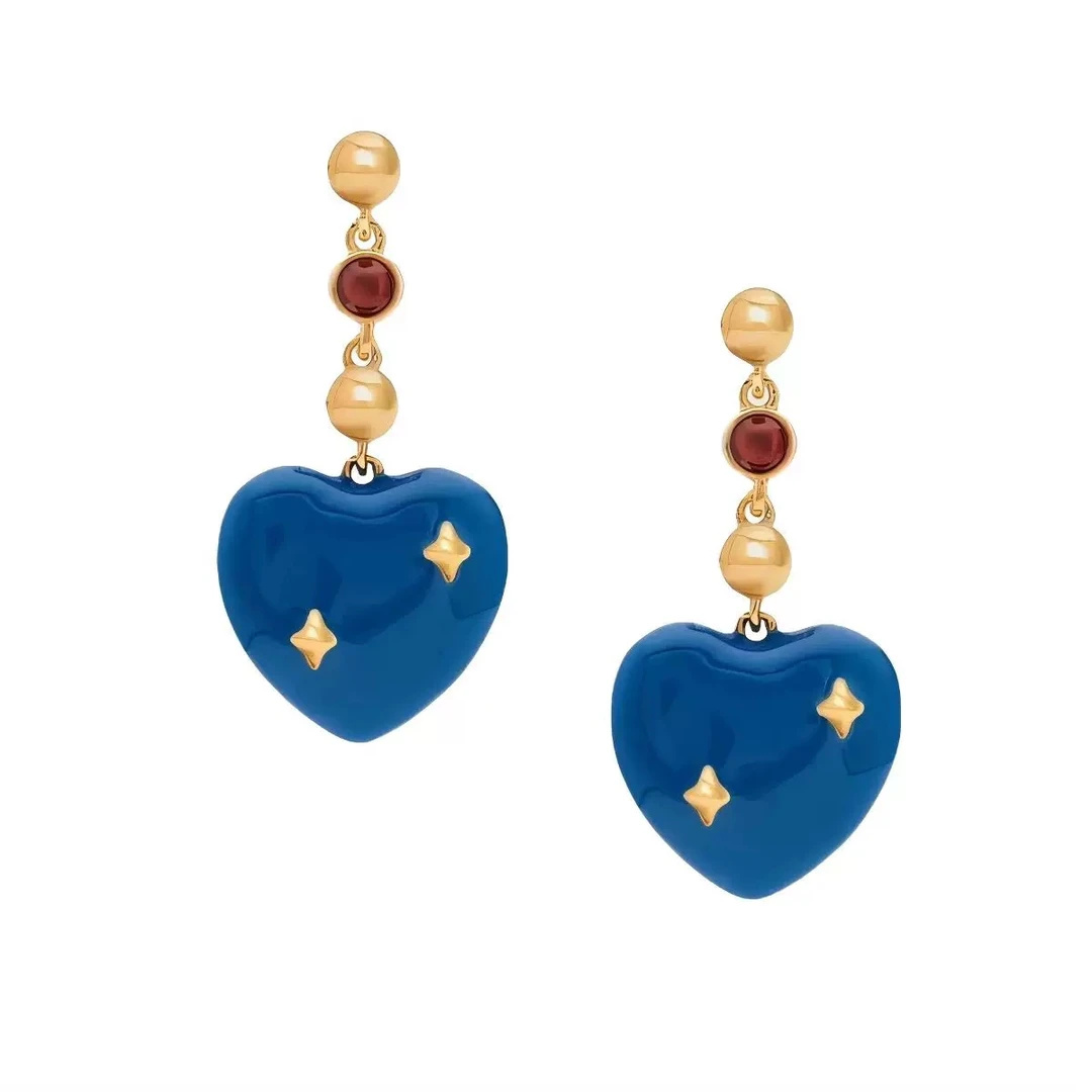 铜合金耳饰 英伦复古经典格纹撞色耳钉气质克莱因蓝色心形耳环