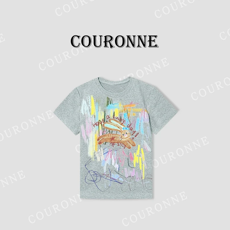 【小熊】-春夏‘’涂鸦兔‘’粉笔画艺术撞色拼接设计时髦休闲短袖32098