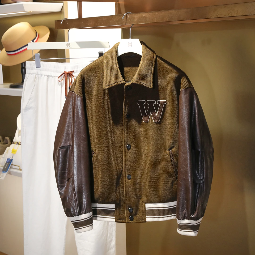 反季高性价比男士户外美式复古风潮流拼接翻领棒球棉衣夹克潮1178