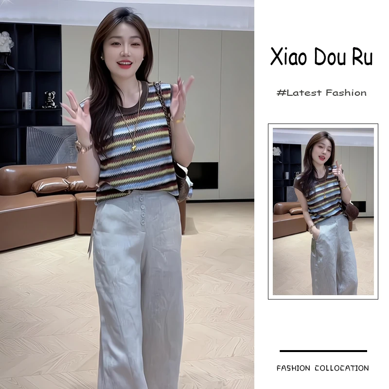 夏季流行穿搭一套新款2025韩系复古减龄条纹针织上衣阔腿裤两件套