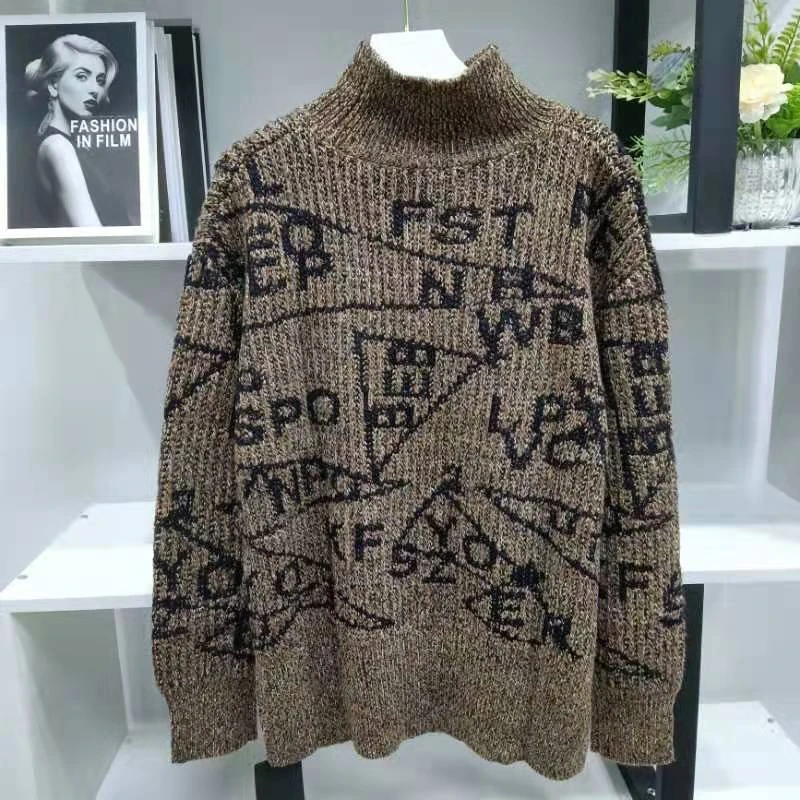 G1911【春季新款】时尚高领深卡其色字母图形印花百搭毛衣035#