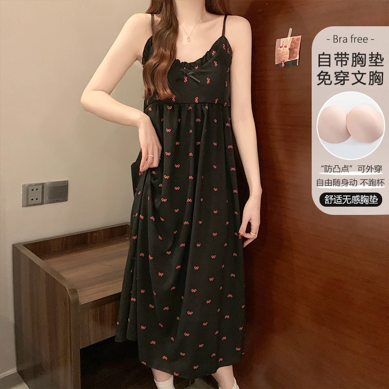 吊带睡裙夏季带胸垫云朵棉复古黑色甜美少女夏天睡衣女春秋家居服