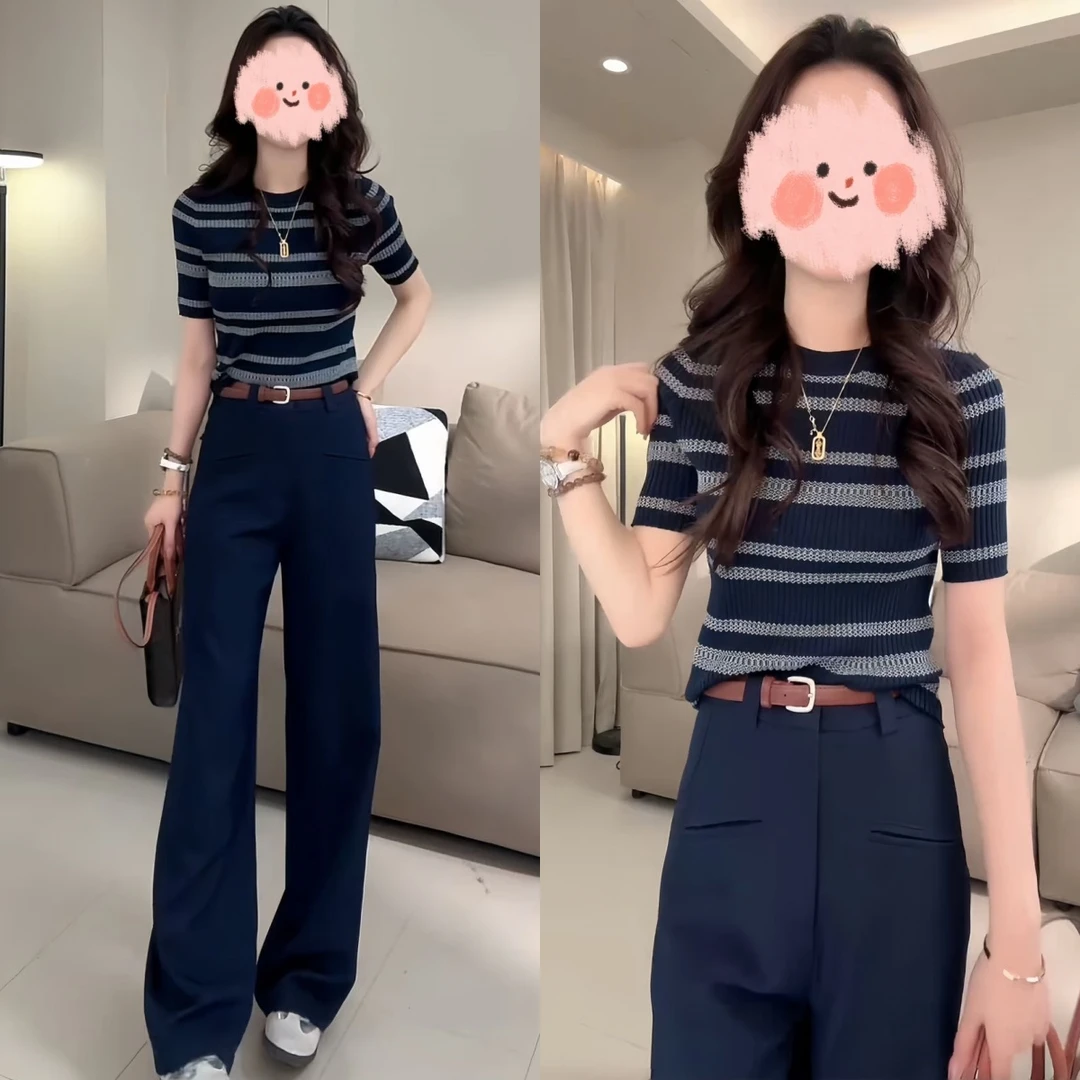 2025夏季网红同款炸街套装撞色条纹短袖针织上衣百搭休闲裤两件套