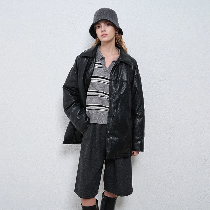 Petit Bari 摩登复古翻领中长款羽绒皮衣外套