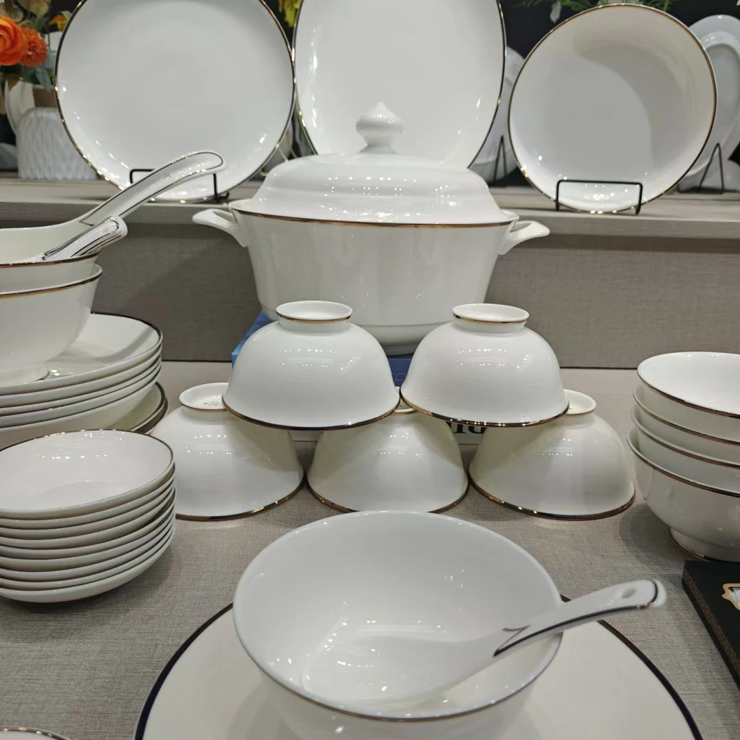 景德镇梧之栗金秋高温陶瓷56件大套装轻奢简约家用餐具金边