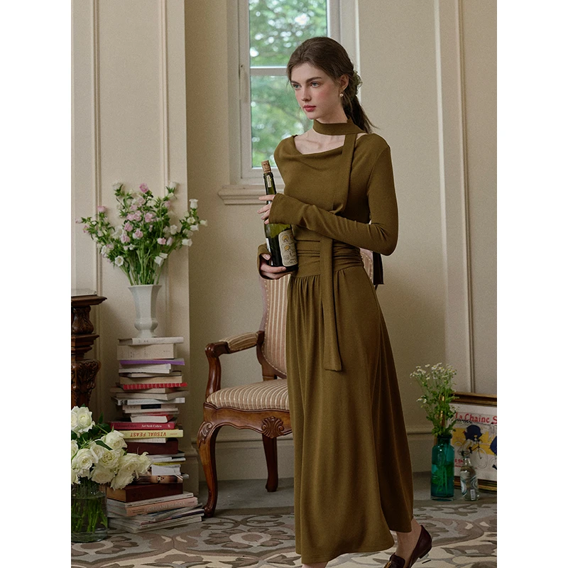 SimpleRetro法式修身针织废土风连衣裙女长袖气质显瘦a字长裙