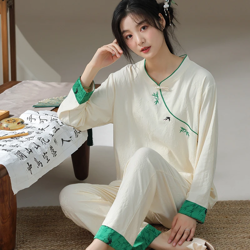 中式睡衣女纯棉长袖夏季薄款2025新款田园风休闲女士可外穿家居服