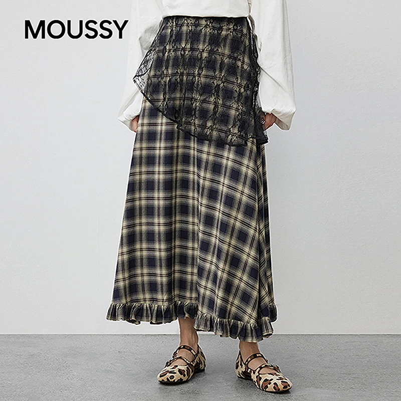 moussy 2025秋季新品复古港风木耳边蕾丝格纹半身裙028IAA31-1025