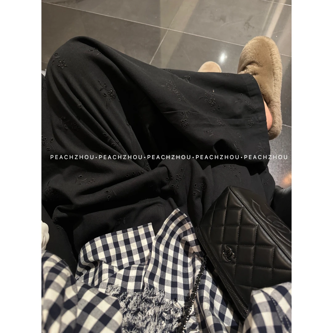 『PEACHZHOU』勾花镂空宽松直筒休闲裤百搭松紧腰设计感阔腿长裤女