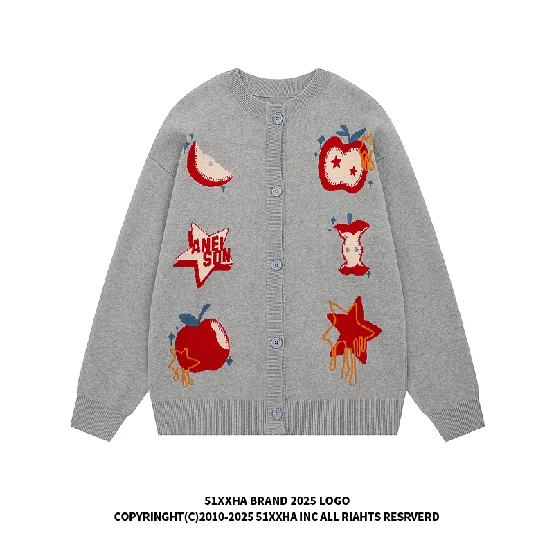 51嘻哈美式复古苹果提花开衫针织衫外套男秋季潮牌慵懒风情侣毛衣